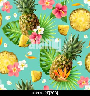 Realistic colorful seamless pattern with pineapples and flowers vector illustration Stock Vector