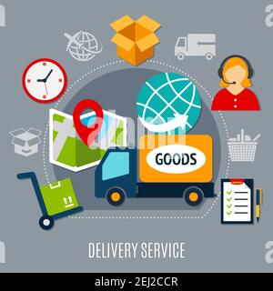 Delivery service composition including truck with goods, map with pointer, globe on grey background flat vector illustration Stock Vector
