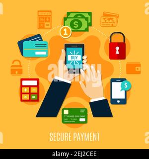 Secure payment, round composition with smartphone in hands, moneys and cards, calculator on yellow background vector illustration Stock Vector