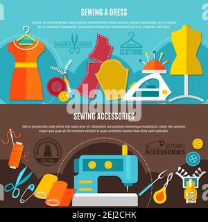 Sewing accessories horizontal banners set with sewing a dress symbols flat isolated vector illustration Stock Vector