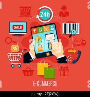 E-commerce round composition with mobile device in hands, purchases online icons on red background vector illustration Stock Vector
