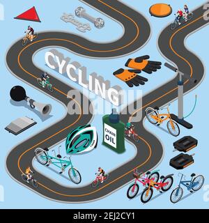 Cycling isometric composition with bikers on road, sports equipment and service tool on blue background vector illustration Stock Vector