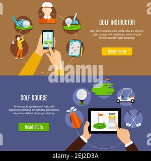 Horizontal flat banners with mobile devices in hands, booking golf course and calling instructor isolated vector illustration Stock Vector