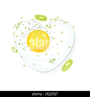vector heart shaped fried eggs with green onion, black pepper and parsley, isolated fried egg on white background, valentine's day card Stock Vector