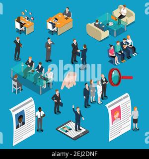 Colored recruitment hiring HR management isometric people icon set with potential workers are interviewed vector illustration Stock Vector