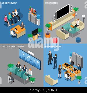 Four squares recruitment hiring HR management isometric people icon set with job interview hr manager hr department descriptions vector illustration Stock Vector