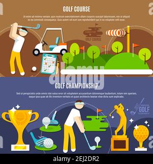 Golf competition horizontal banners with players, green course with flags, clubs and balls, trophies isolated vector illustration Stock Vector