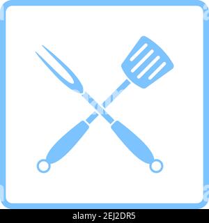 Crossed Frying Spatula And Fork Icon. Blue Frame Design. Vector Illustration. Stock Vector