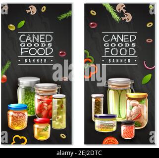 Vertical banners with canned food in glass jars on black background with sliced vegetables isolated vector illustration Stock Vector