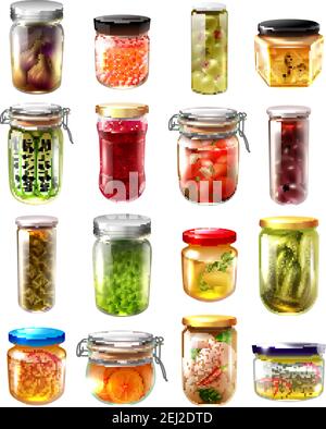 Set of canned food in glass jars with fruit jams, pickled vegetables, fish, caviar isolated vector illustration Stock Vector