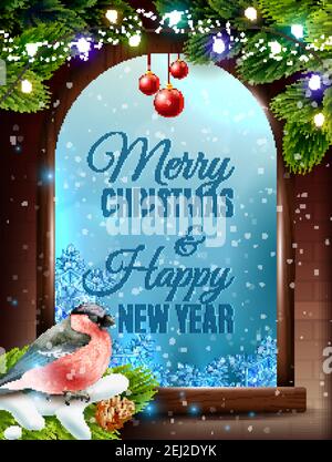 Christmas window frame with bullfinch on fir branch, greetings on blue background with frosty pattern vector illustration Stock Vector