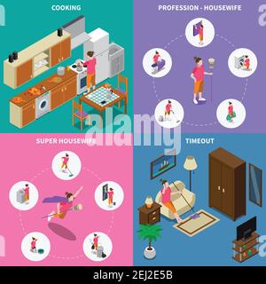 Isometric design concept with professional and super housewife during cooking and break time isolated vector illustration Stock Vector