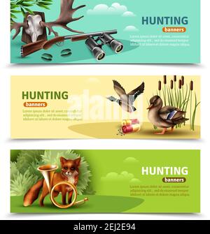 Set of horizontal banners with hunting equipment and trophies, fox with horn and ducks isolated vector illustration Stock Vector