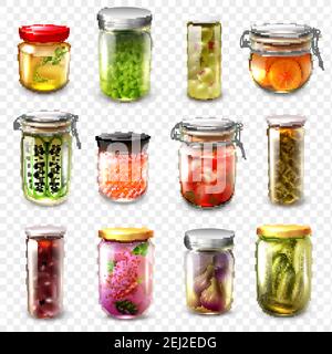 Set of canned goods including garlic, olives, tomatoes, oranges, caviar, cucumbers isolated on transparent background vector illustration Stock Vector