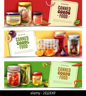 Canned goods horizontal banners with fish products, eggs, fruit and vegetables in glass jars isolated vector illustration Stock Vector