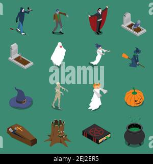 Monster halloween isometric icon set with elements and attributes of scariest day of all year vector illustration Stock Vector
