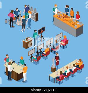 Isometric set with pottery master class, bartending course and cooking, drawing and sculpture lessons isolated vector illustration Stock Vector