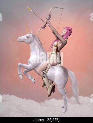 Knight with a bow riding a white unicorn on a pink background Stock Photo