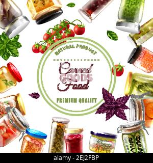 Canned food frame with label, fish products, fruits, vegetables in glass jars on white background vector illustration Stock Vector