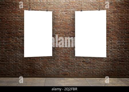 A stone brick wall background with two blank posters as a copy space Stock Photo