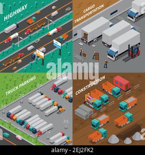 Trucks isometric design concept with highway and parking, cargo transportation and construction vehicles isolated vector illustration Stock Vector