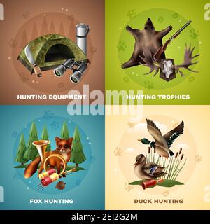 Hunting design concept with equipment and trophies, wild animals including fox and ducks isolated vector illustration Stock Vector