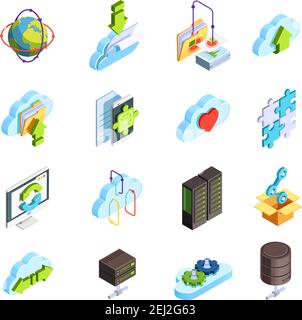 Cloud computing service isometric icons set with data folders connection sharing configuration apps symbols isolated vector illustration Stock Vector