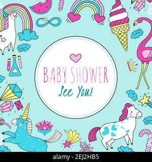 Cute magic frame composed of unicorns flowers clouds sweets hearts colored hand drawn icons vector illustration Stock Vector