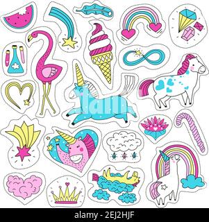 Set of cute magic fashion patches with unicorn rainbow rose star cloud magic wand hand drawn vector illustration Stock Vector