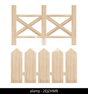 Elegant wooden fence in light colours, set isolated on white background stock vector illustration. Wood texture, detailed objects in cartoon style, bo Stock Vector