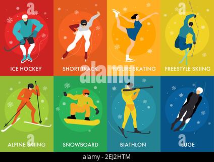 Winter sports cards set with luge freestyle ice hockey short track alpine skiing figure skating isolated vector illustration Stock Vector