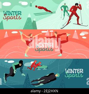 Winter sports horizontal banners with people involved in bobsled sledding alpine skiing speed and figure skating flat vector illustration Stock Vector