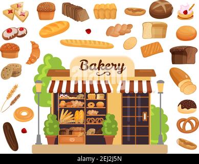 Bakery products flat design concept with shop window in centre and baked goods icons collection around isolated vector illustration Stock Vector