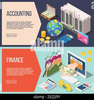 Set of two horizontal isometric accounting banners with editable text read more button and financial icons vector illustration Stock Vector
