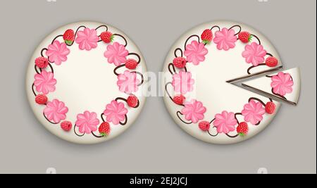 Cake top view realistic composition with two white cake one is whole and another with cut piece vector illustration Stock Vector