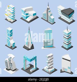 Isometric futuristic architecture set with isolated images of hi tech style modern buildings and skyscrapers vector illustration Stock Vector