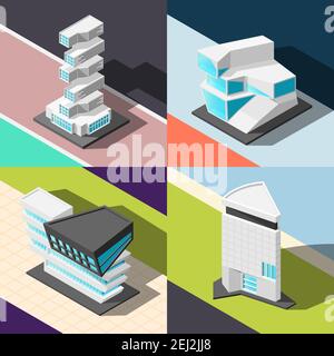 Futuristic architecture 2x2 design concept  with four square elements demonstrating abstract buildings of original and unusual design isometric vector Stock Vector