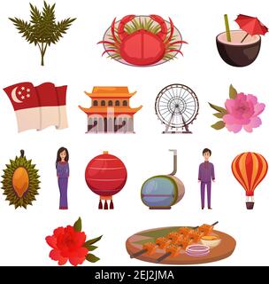 Singapore food landmarks tourist attractions orthogonal colorful icons set with science museum building and crab dish vector illustration Stock Vector