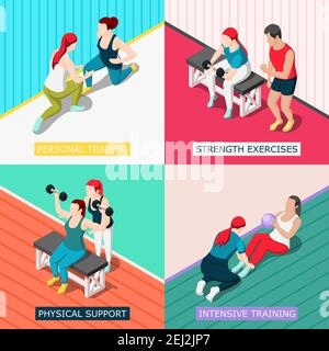 Personal sport trainers 2x2 design concept with physical support strength exercises intensive training square icons isometric vector illustration Stock Vector