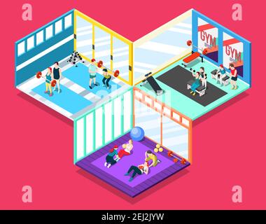 Gym isometric design concept with people and their personal sport trainers working indoor vector illustration Stock Vector