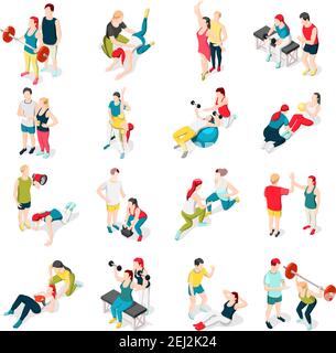 Personal sport trainer isometric icons set of isolated human characters of people performing exercises with coach vector illustration Stock Vector