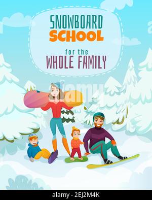 Snowboard school poster with sport and family symbols flat vector illustration Stock Vector
