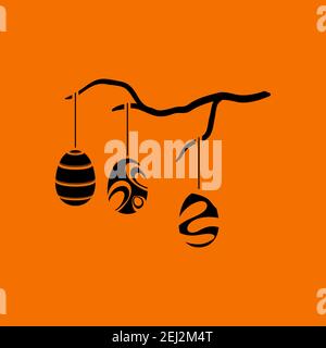 Easter Eggs Hanged On Tree Branch Icon. Black on Orange Background. Vector Illustration. Stock Vector