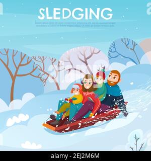 Winter recreation poster with sledging and family symbols flat  vector illustration Stock Vector