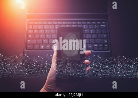 Female hands using smart phone for fingerprint biometric identity and approval. Mock up. Working from home Stock Photo
