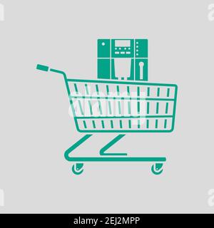 Shopping Cart With Cofee Machine Icon. Green on Gray Background. Vector Illustration. Stock Vector