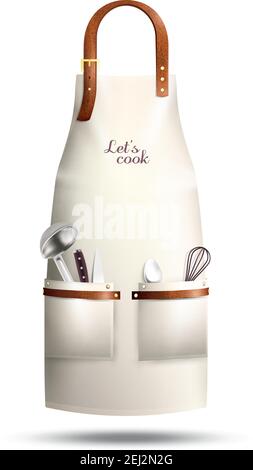 Realistic white cook apron with lettering, culinary utensils in pockets, loop from brown leather isolated vector illustration Stock Vector