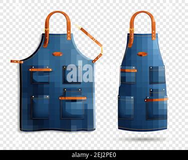 Set of realistic blue aprons with pockets, leather loop and belt isolated on transparent background vector illustration Stock Vector