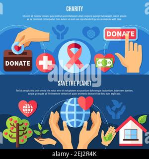 Set of two horizontal charity banners with text and flat images of human hands and symbols vector illustration Stock Vector