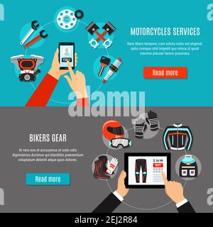 Motorcycles services and bikers gear app horizontal banners with people hands holding smartphone and pad flat vector illustration Stock Vector